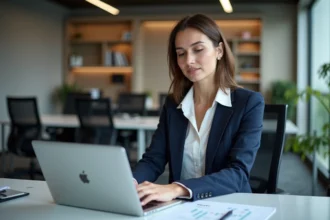 Femme d affaires en bureau moderne avec tableau digital