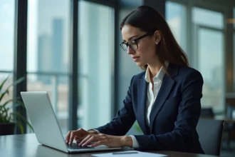 Femme d'affaires en costume navy travaillant sur son ordinateur