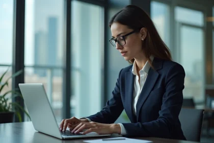 Femme d'affaires en costume navy travaillant sur son ordinateur