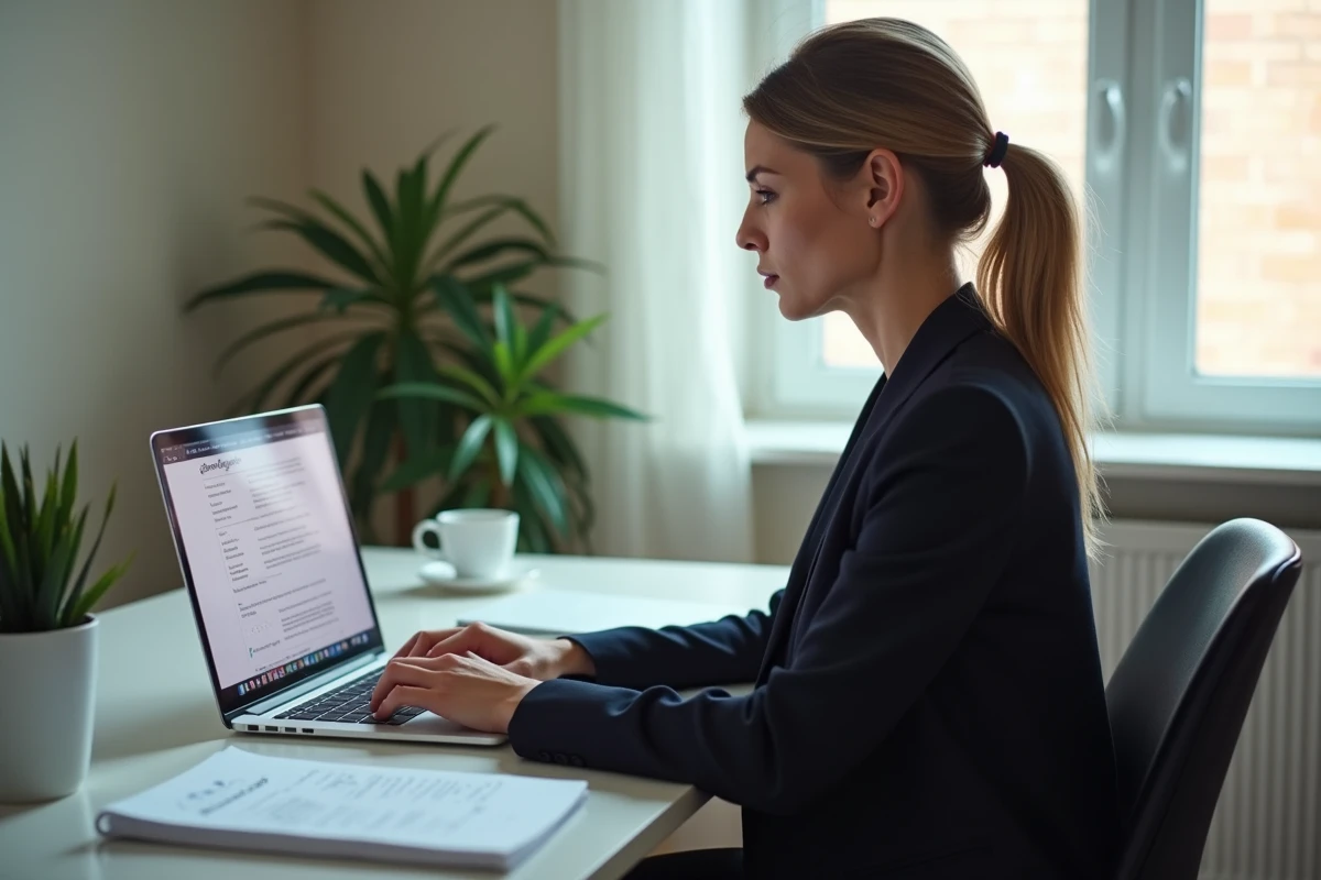 Femme effectuant des recherches sur ses droits en cas de licenciement selon le Code du travail français depuis son bureau à domicile