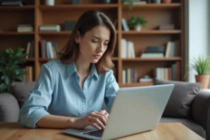 Femme au bureau à domicile en train de récupérer son compte