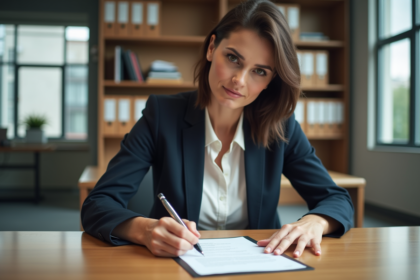Femme signant un document officiel dans un bureau moderne