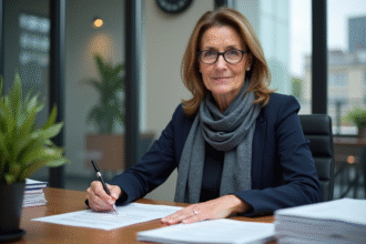 Femme d'âge moyen signant un permis environnemental dans un bureau