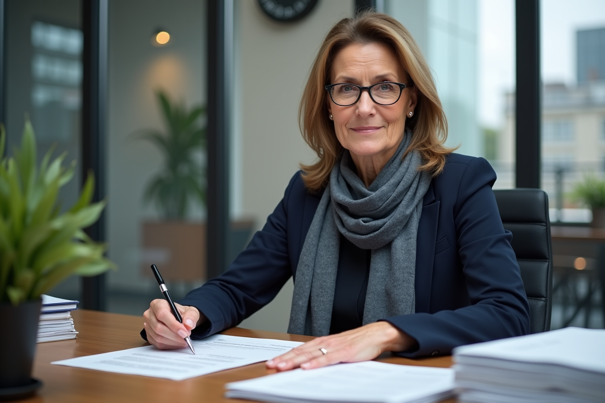 Femme d'âge moyen signant un permis environnemental dans un bureau