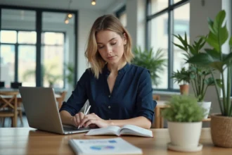 Femme concentrée travaillant sur un ordinateur dans un bureau moderne