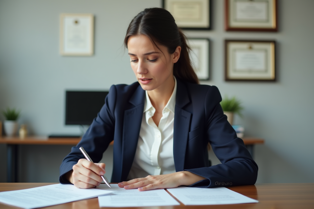 Femme en bureau remplissant des papiers avec souci