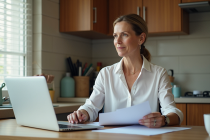 Femme réfléchissant dans sa cuisine avec documents et ordinateur
