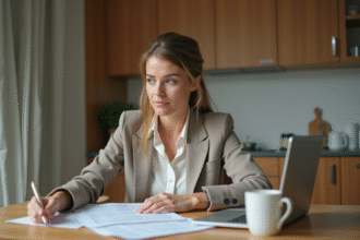 Femme concentrée à son bureau dans une cuisine moderne