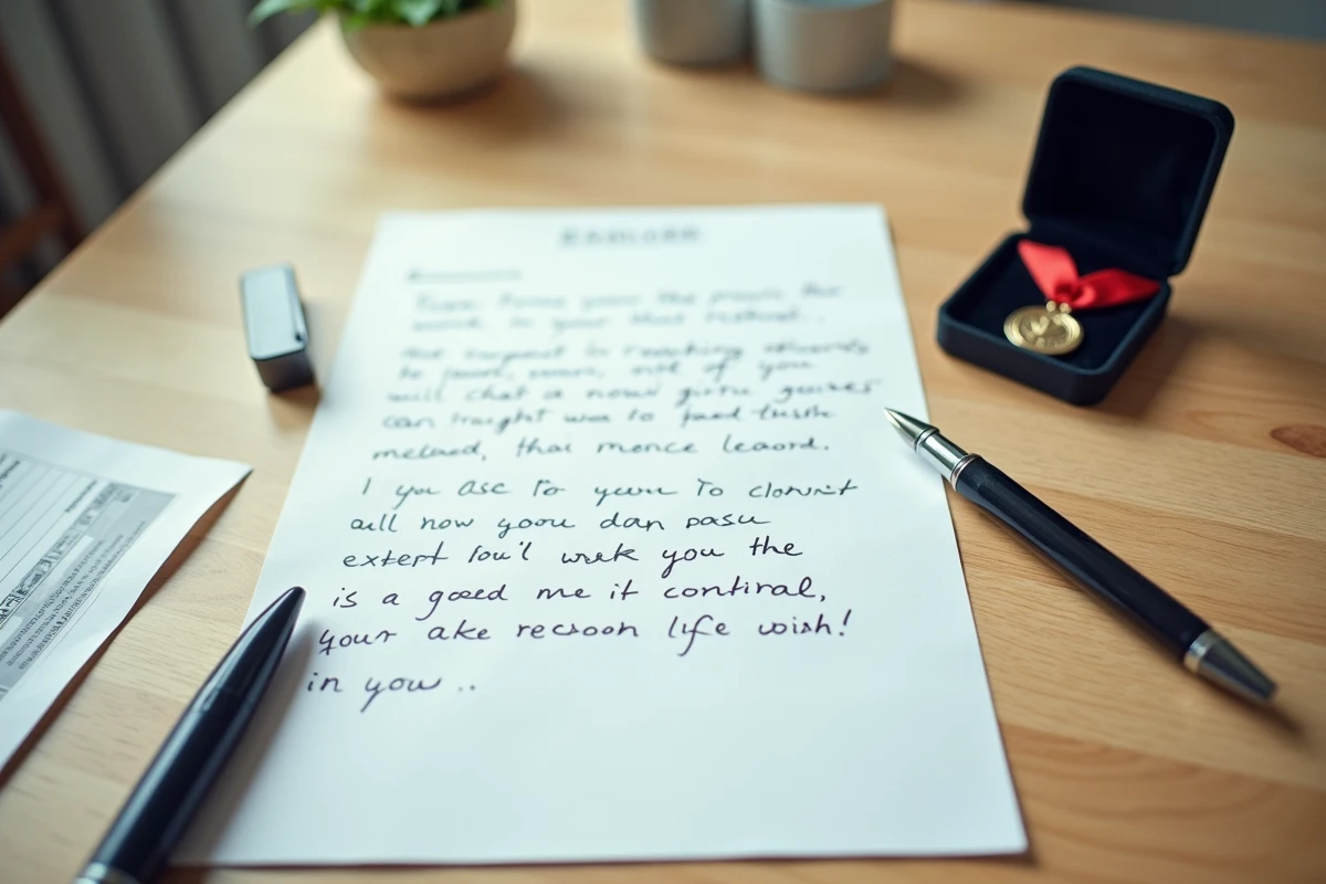 Flat-lay d'une lettre manuscrite, d'une médaille du travail et d'un stylo plume sur un bureau en bois pour illustrer une demande de prime