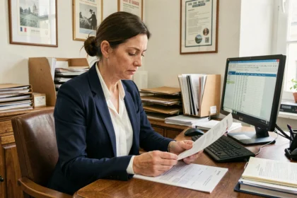Fonctionnaire française examinant son bulletin de salaire contractuel dans un bureau administratif