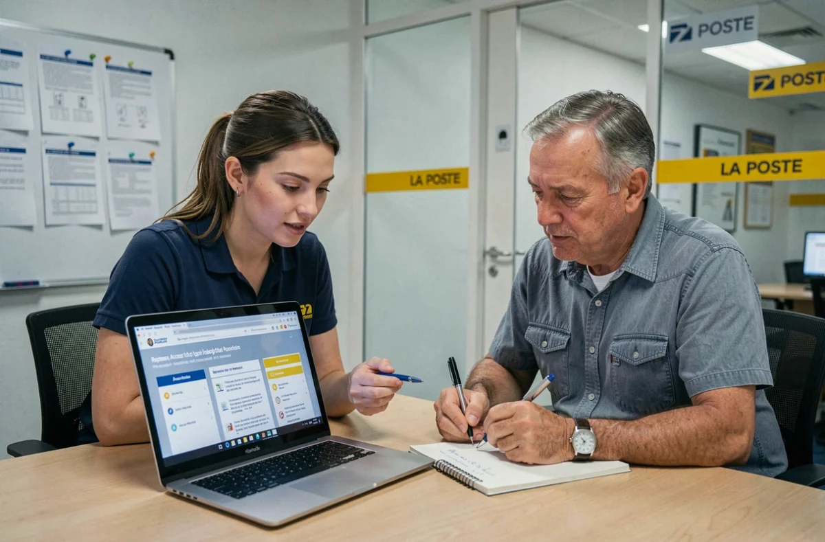 Deux agents de La Poste en séance de formation sur le remplacement du portail numérique professionnel dans une salle de réunion