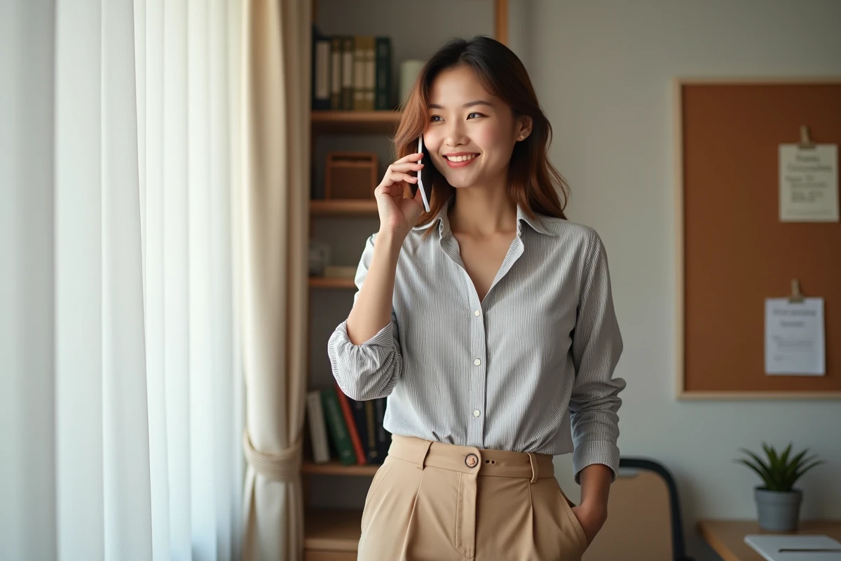 Freelance souriante en appel téléphonique dans son bureau à domicile prenant contact avec un potentiel client de manière naturelle
