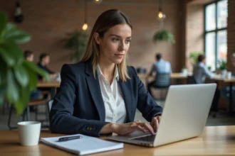 Freelance féminine consultant un site de recherche d'emploi pour missions ponctuelles dans un espace de coworking moderne