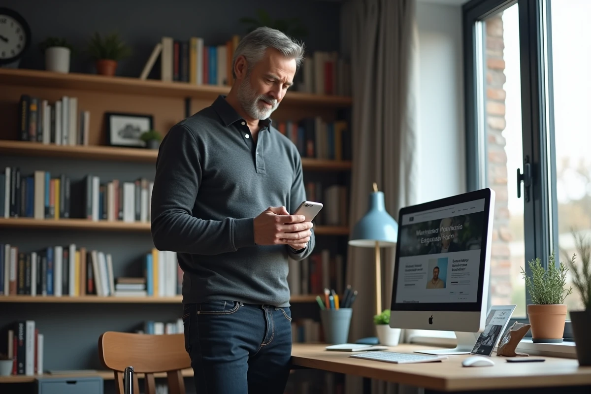 Freelance masculin consultant son profil professionnel sur smartphone dans un bureau à domicile bien aménagé