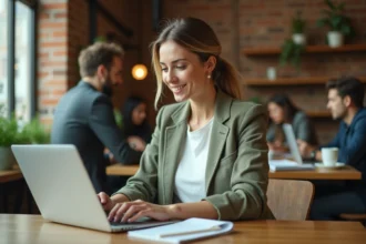Freelance assise dans un espace de coworking rédigeant un email de prise de contact client sur son ordinateur portable