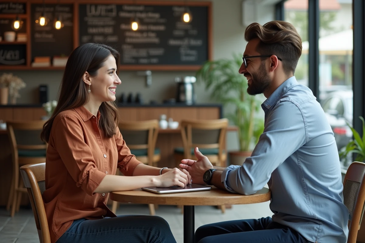 Deux freelances discutant d'une mission ponctuelle autour d'une tablette affichant une plateforme d'emploi dans un café