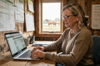 Gestionnaire d'écurie de trot utilisant un logiciel administratif sur ordinateur portable dans un bureau d'écurie