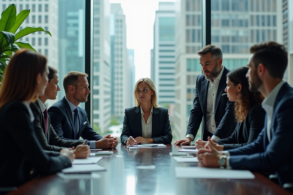 Groupe de professionnels en réunion dans une salle moderne