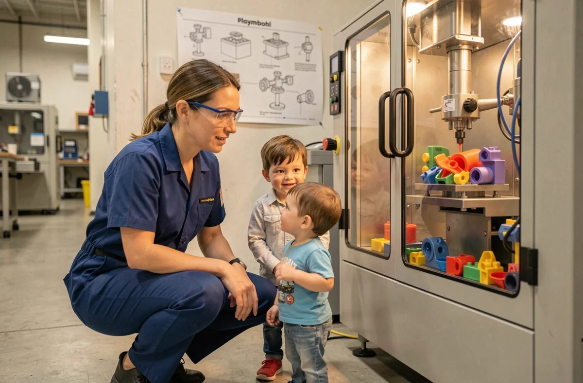 Guide de l'usine Playmobil expliquant le processus de moulage par injection plastique à deux enfants lors d'une visite scolaire