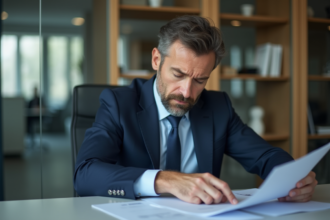 Homme d'affaires en costume bleu au bureau concentré