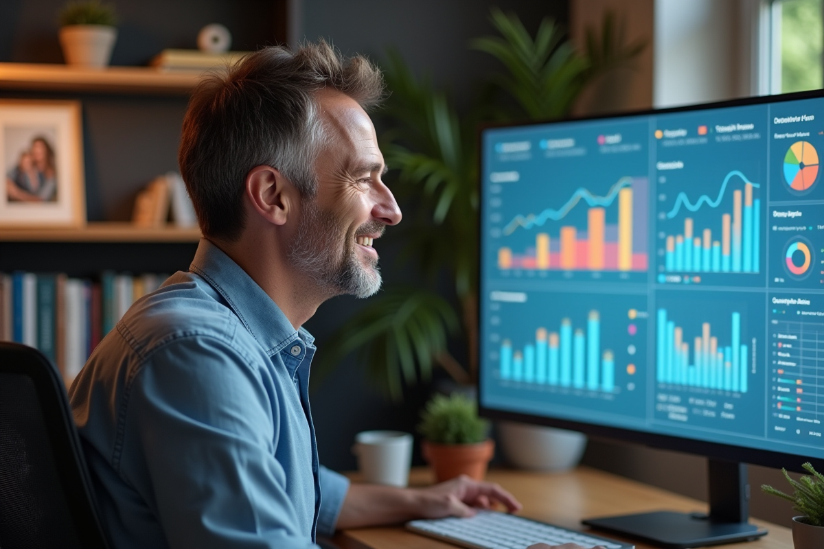 Homme analysant des données marketing dans un bureau à domicile