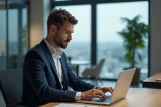 Homme d'affaires en bureau moderne travaillant sur son ordinateur