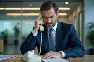 Homme d affaires au bureau utilisant un téléphone fixe