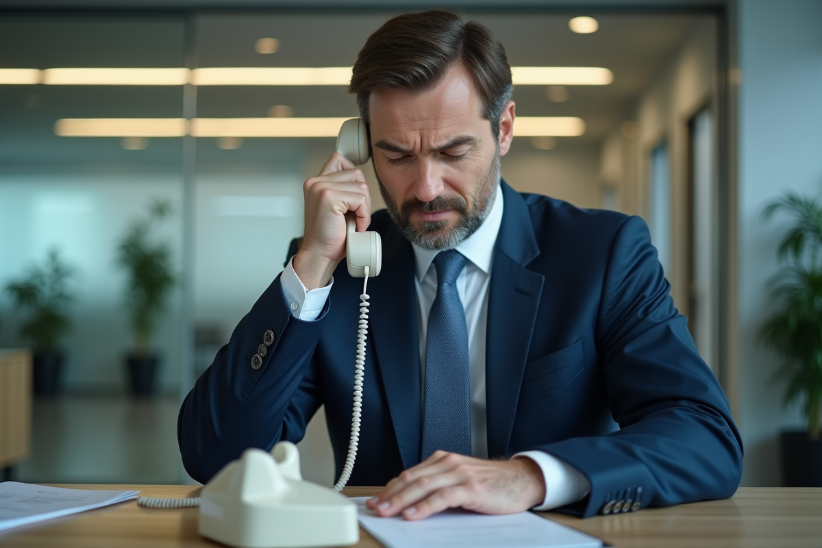 Homme d affaires au bureau utilisant un téléphone fixe