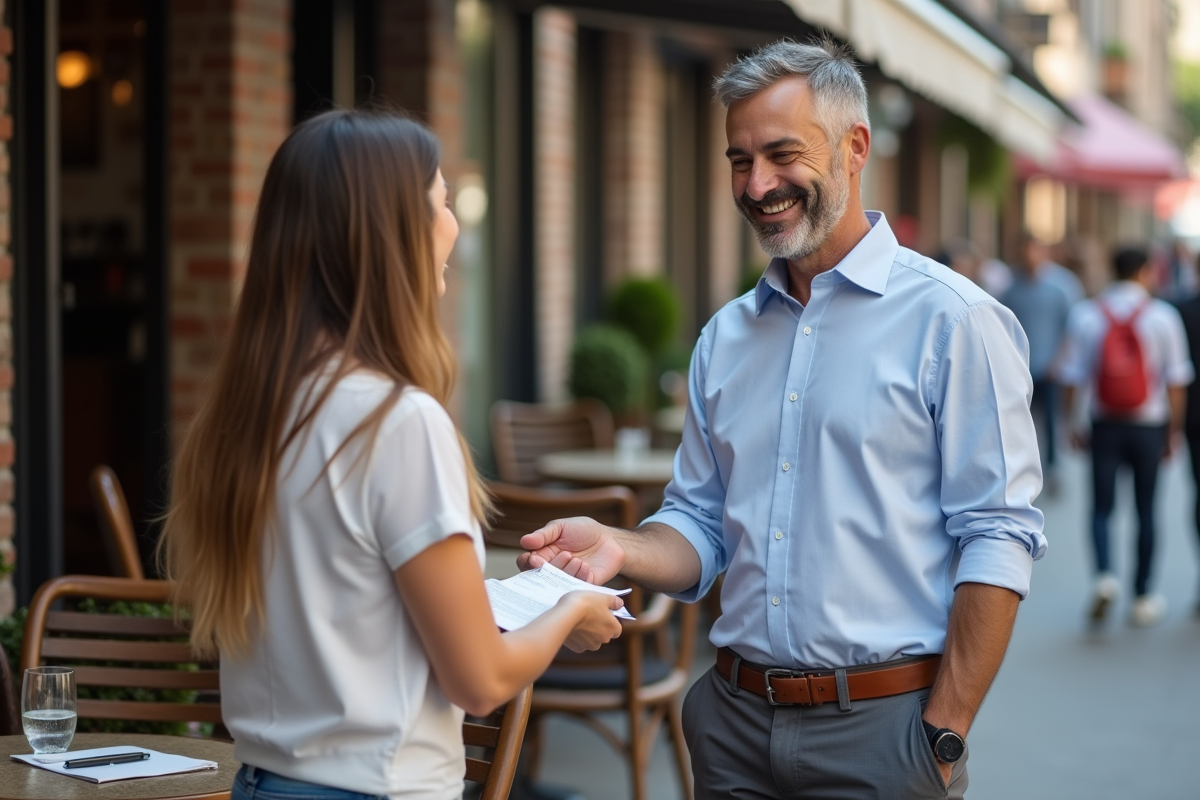 Homme au café distribuant un flyer à un passant souriant
