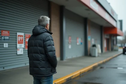 Homme d'âge moyen face à un magasin fermé dans un centre commercial