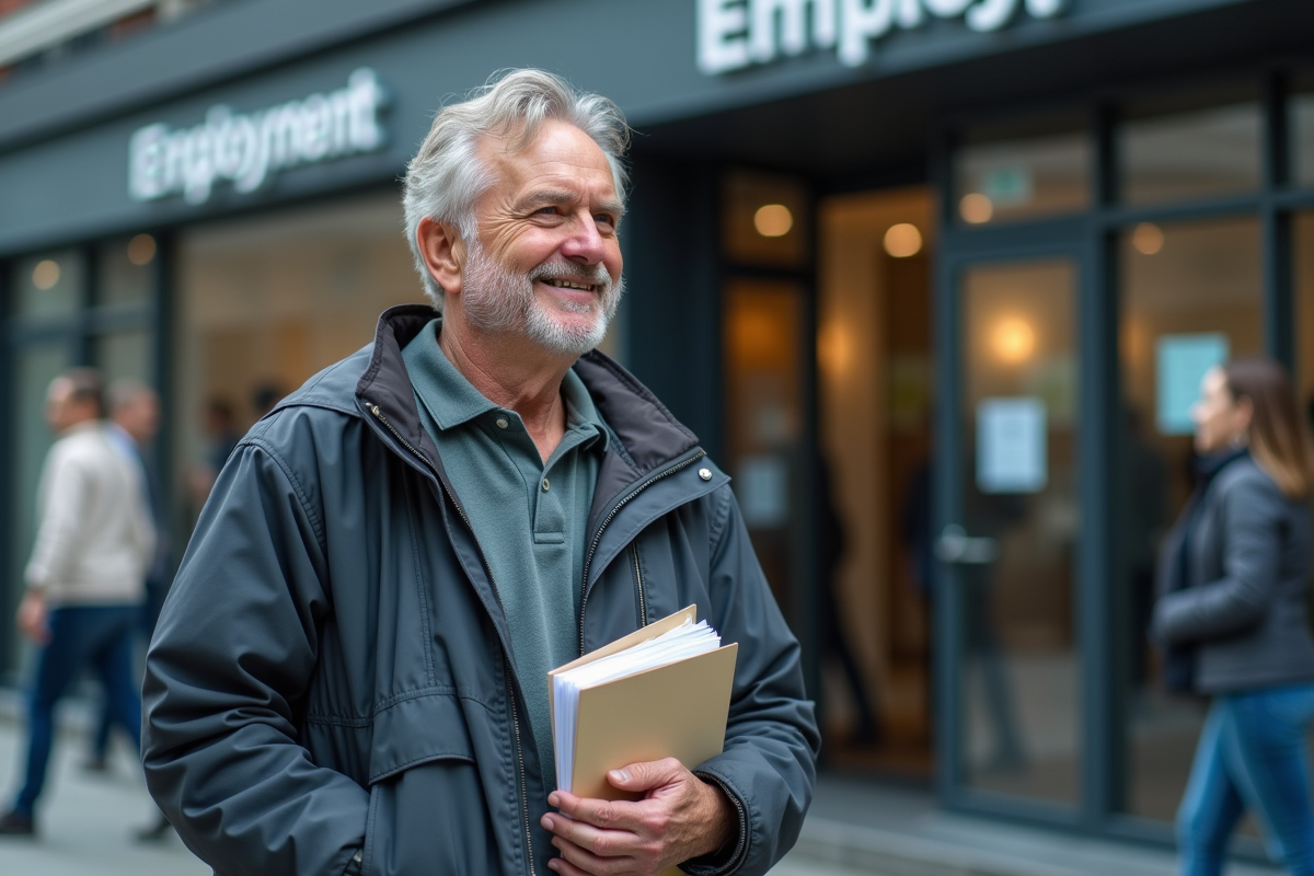 Homme avec dossier devant une agence d