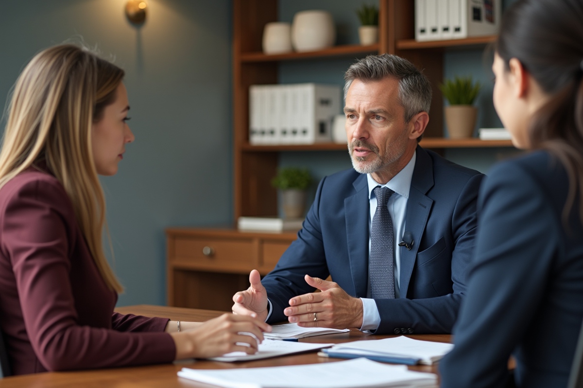 Homme et femme discutant lors d une réunion dans un centre juridique