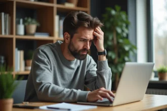 Homme frustré devant son ordinateur portable essayant d'accéder à son compte Advango