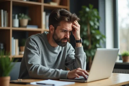 Homme frustré devant son ordinateur portable essayant d'accéder à son compte Advango