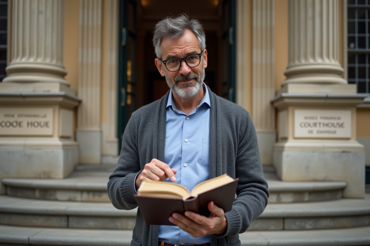 Homme en extérieur devant un palais de justice consulte un code civil
