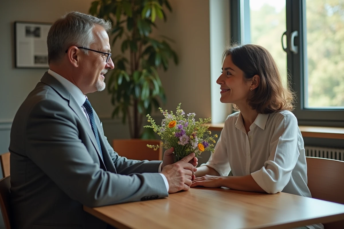 Homme en costume offrant un bouquet de fleurs à une collègue