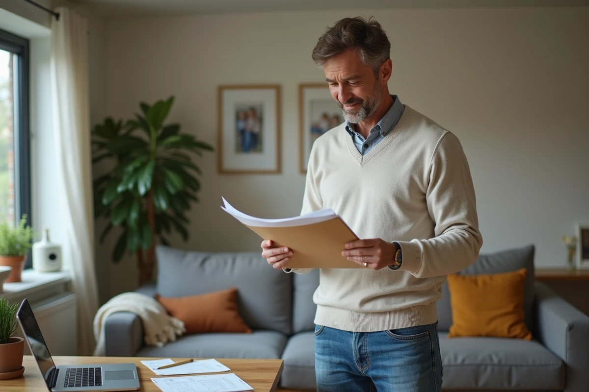 Homme dans un salon avec papiers et ordinateur portable