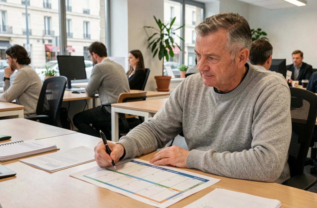 Homme en open space consultant un planning annuel de congés pour 2026