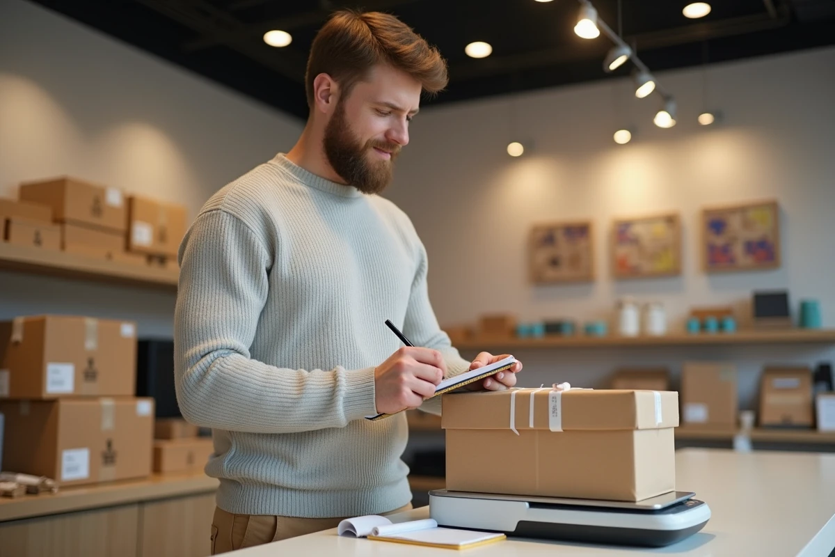 Jeune homme pesant un colis dans un centre d