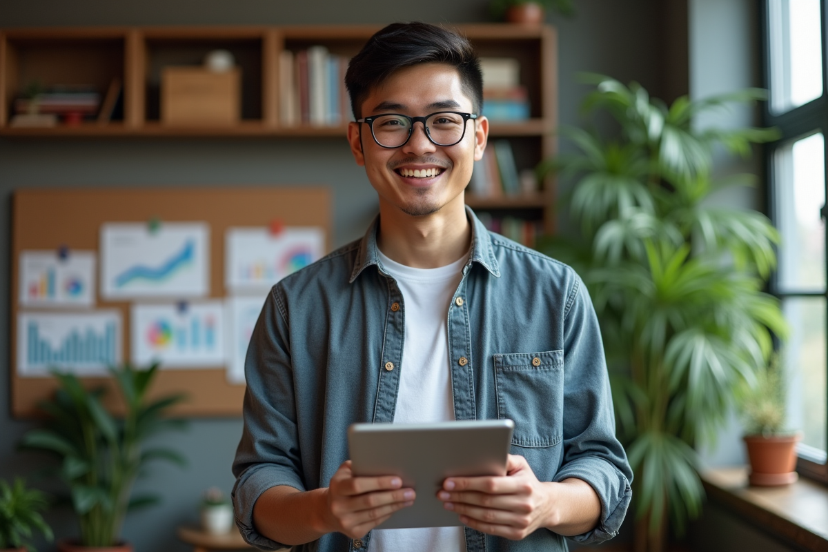 Jeune homme créatif présentant des analyses marketing