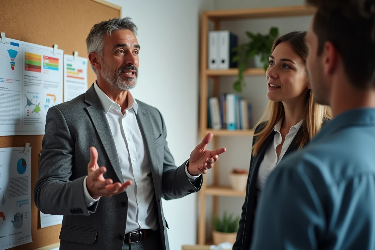 Homme expliquant une strategie à ses collègues dans un bureau
