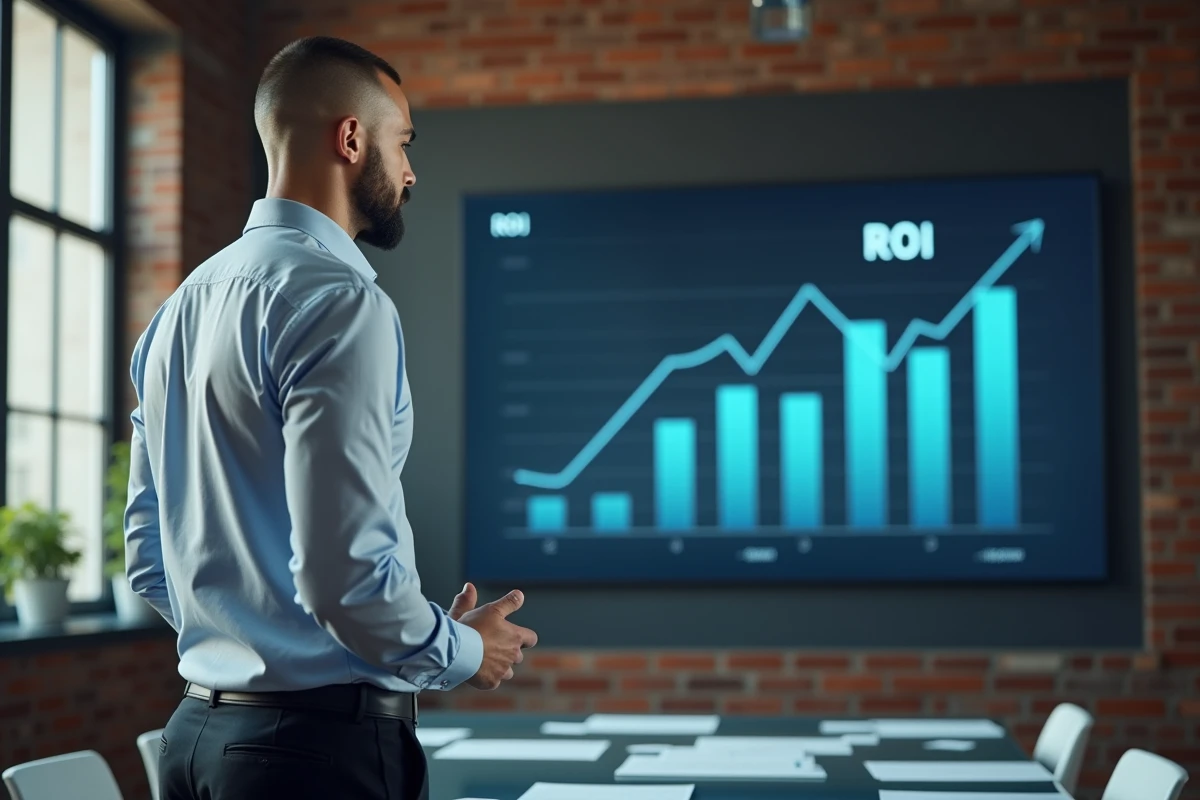 Homme d affaires examinant des graphiques de ROI dans une salle de réunion industrielle