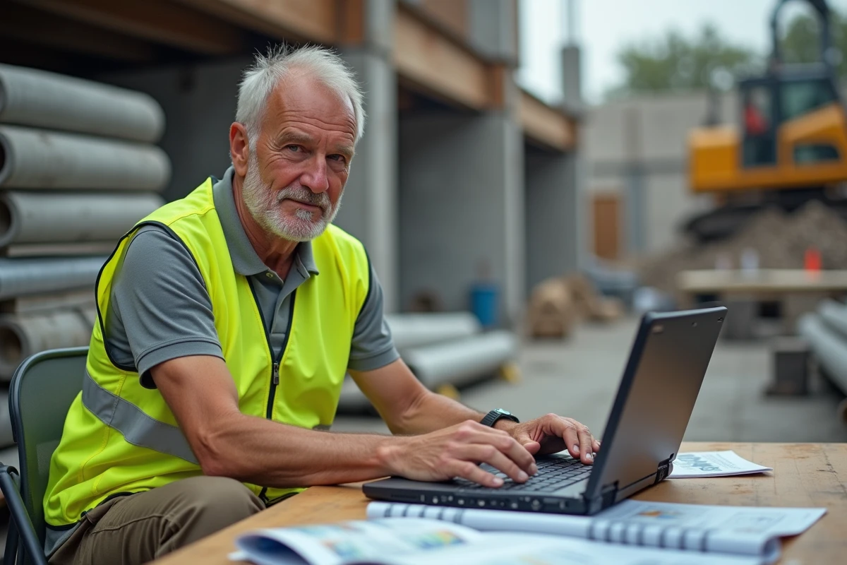 Homme en gilet de sécurité sur un site de construction avec matériel