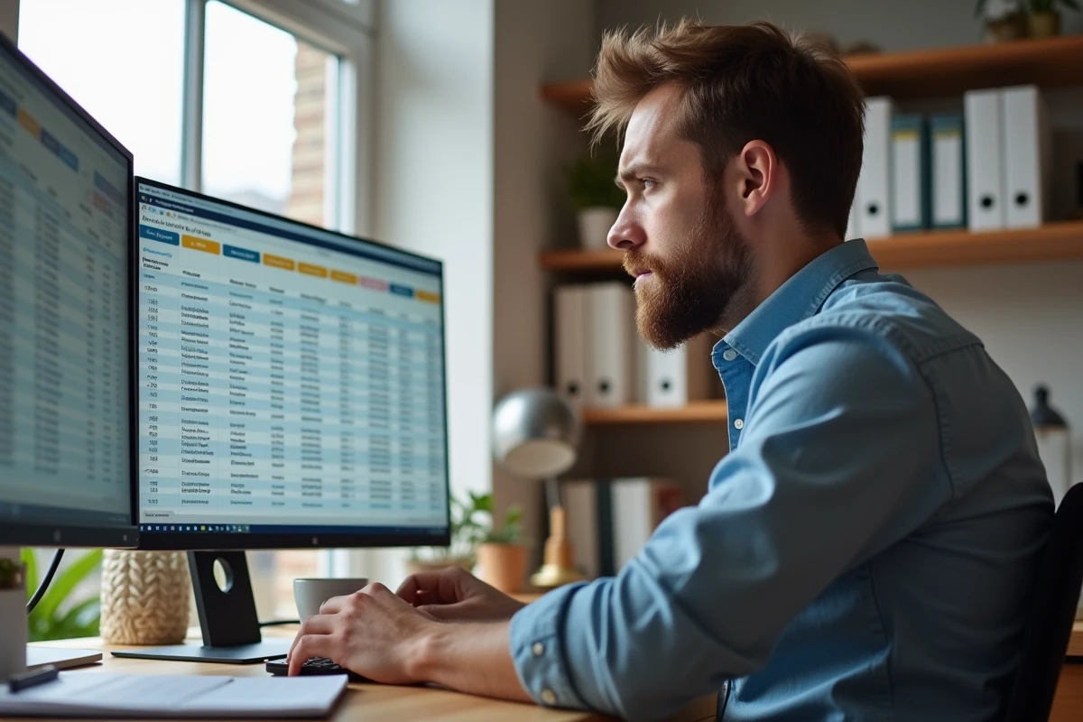 Homme en télétravail calculant son temps de travail annualisé sur un ordinateur de bureau à domicile