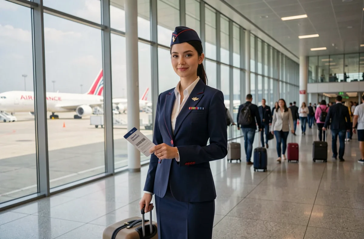 Hôtesse de l'air Air France à l'aéroport avec billet d'avion pour voyage personnel à tarif réduit