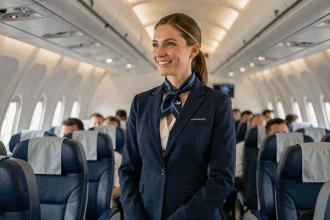 Hôtesse de l'air Air France en uniforme bleu marine souriante dans l'allée d'un avion