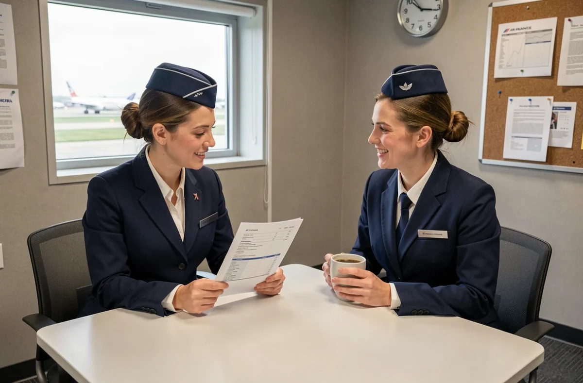Deux hôtesses de l'air Air France en salle de repos discutant des avantages salariaux et réductions