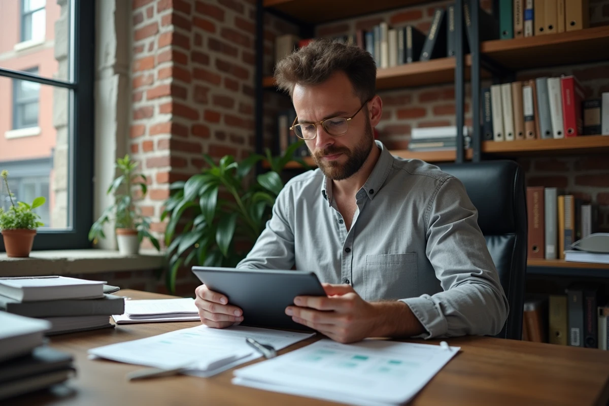 Travailleur indépendant créant un devis sur tablette dans un bureau à domicile avec briques apparentes