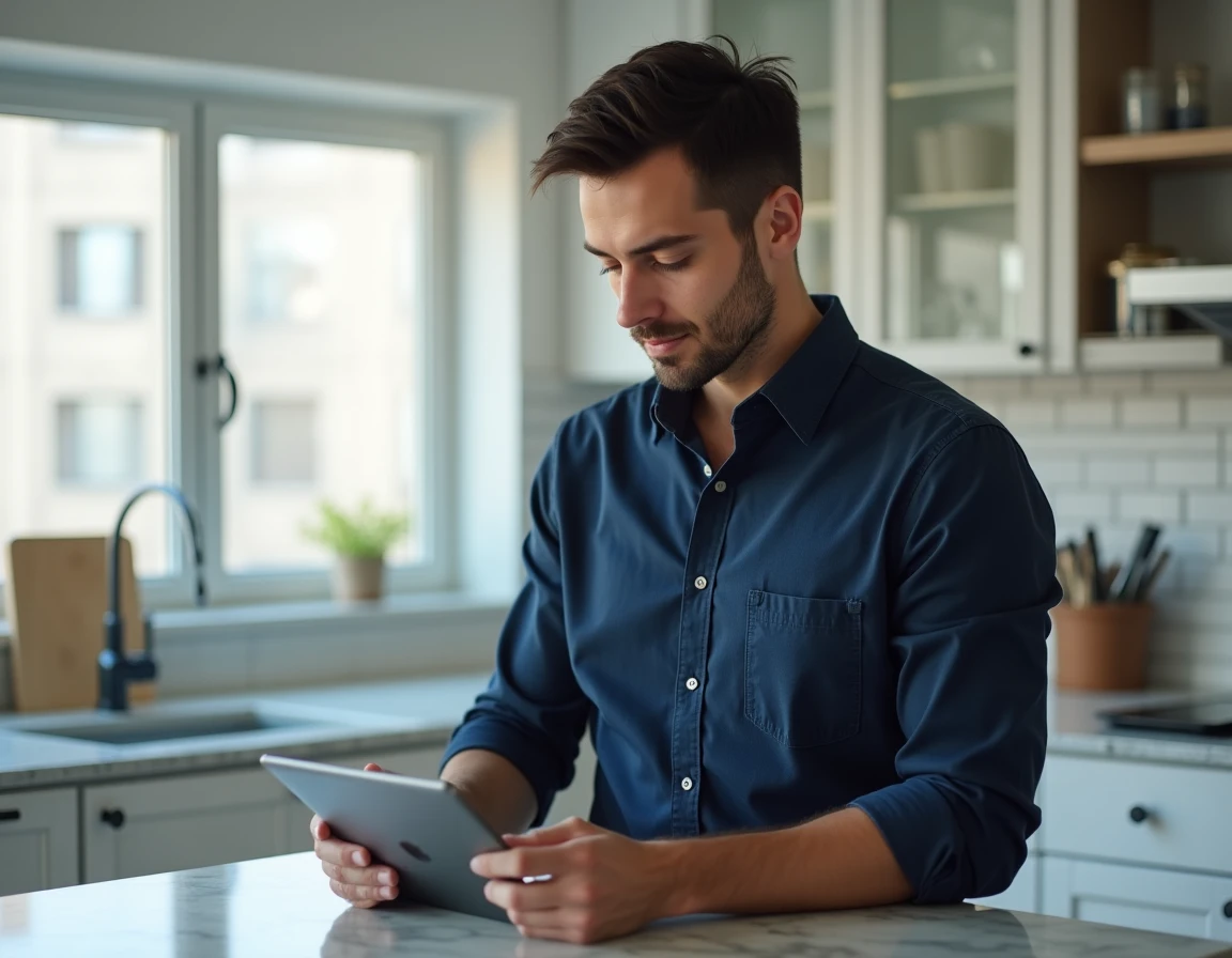 Homme consultant les étapes de création de compte sur une tablette dans une cuisine moderne, représentant une démarche d'inscription numérique guidée