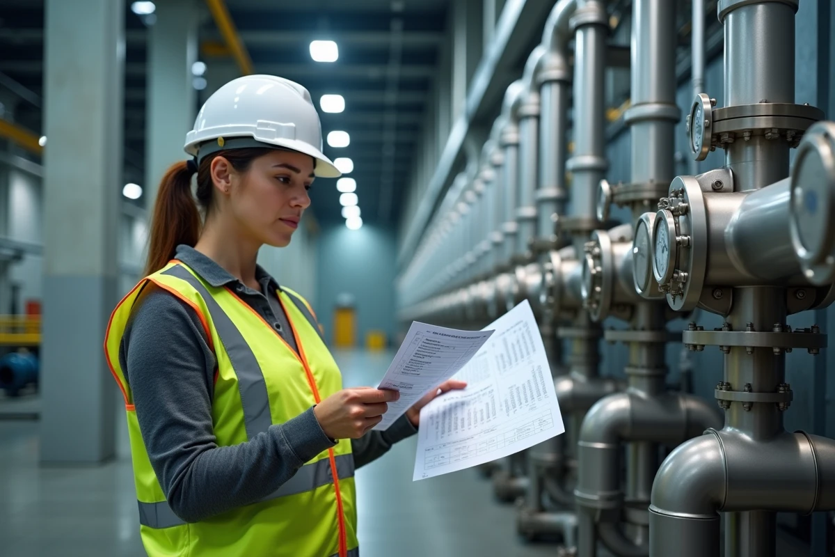 Ingénieure inspectant un réseau de tuyauterie inox sous pression avec fiche de calcul dans une installation industrielle